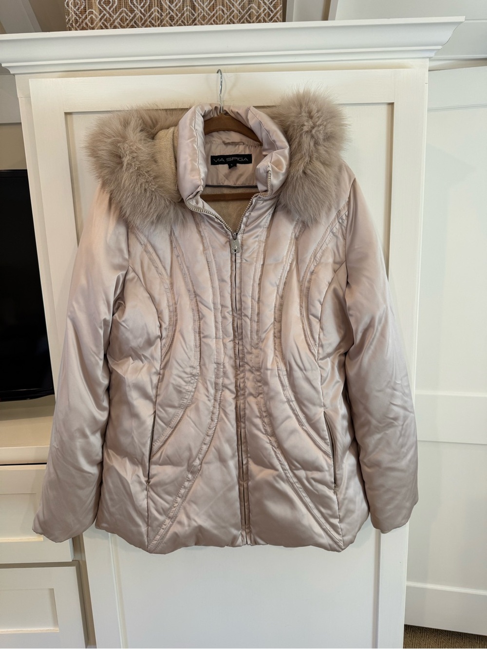 Via Spiga Champagne Satin Puffer with Faux-Fur Trim Hood